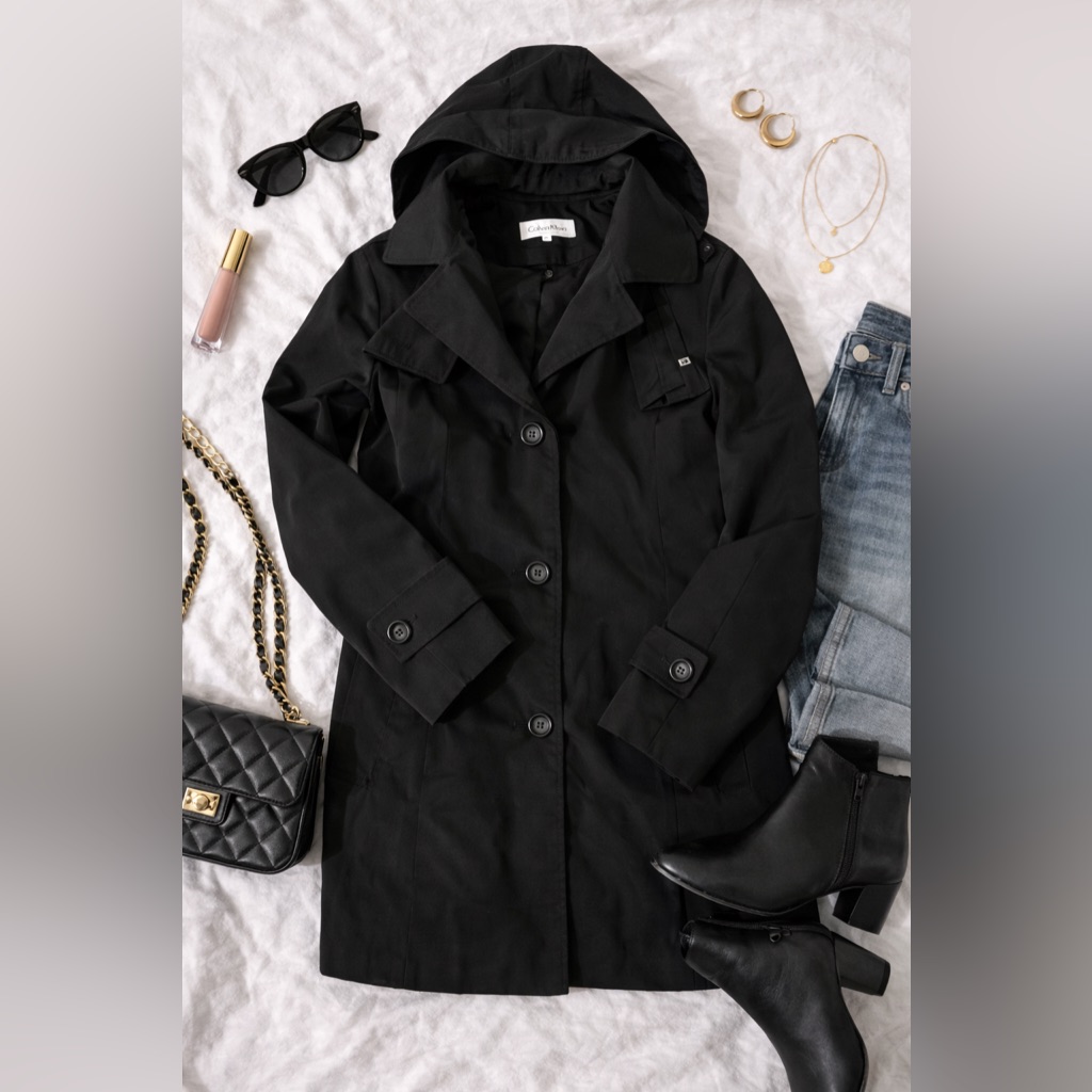 Calvin Klein Women's Black Midi Length Trench Coat - Size Sp Euc